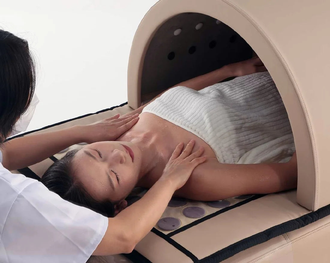 Sauna Dome installed on the Ultra Table for simultaneous Head Spa and Sauna Spa ritual