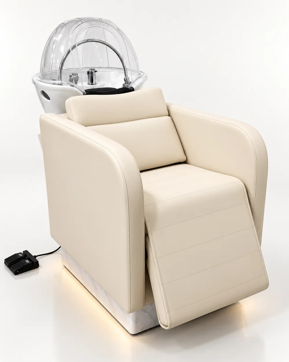 Reva AIR Spa Crème lunaire, bac à shampoing et fauteuil déployé à prévoir dans le plan d’installation du salon