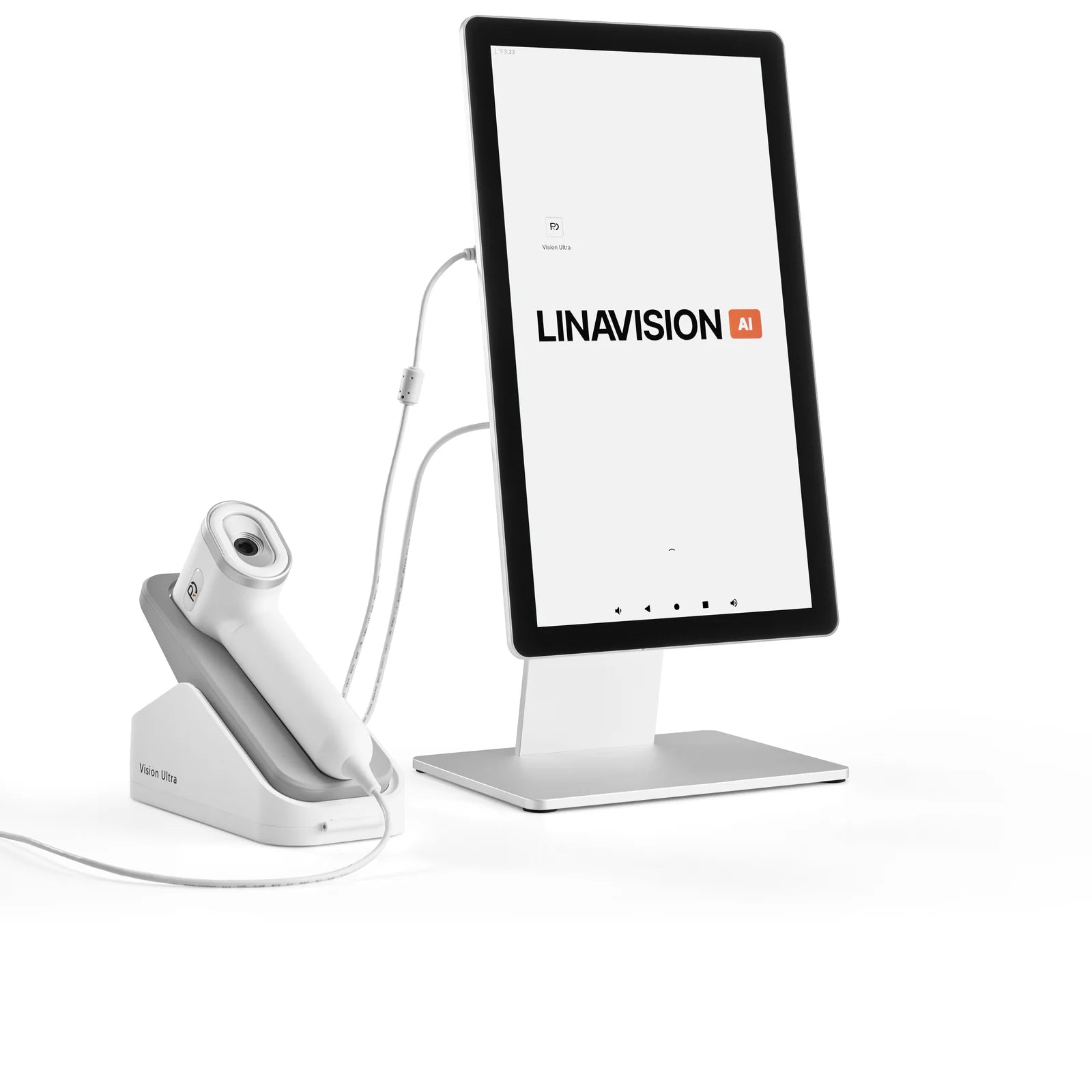 LinaVision: Kopfhaut-Diagnosekamera, Sonde und Tablet auf Standfuß